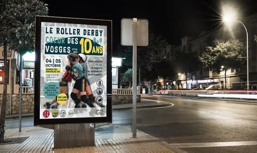 Affiche Roller Derby en situation sur panneau abribus, Vosges